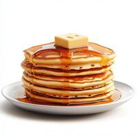 Stack of fluffy pancakes drizzled with syrup and topped with a pat of butter on a white plate photo