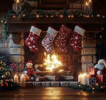 Cozy Christmas fireplace with stockings, candles, and festive decorations in a warm living room photo