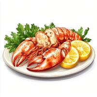 Freshly prepared lobster served with lemon slices and garnished with parsley for a delicious meal photo