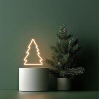 Minimalist neon Christmas tree decoration on a green background in a cozy indoor setting photo