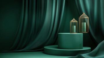 Stylish green and gold decorative lanterns illuminated in a modern interior space photo