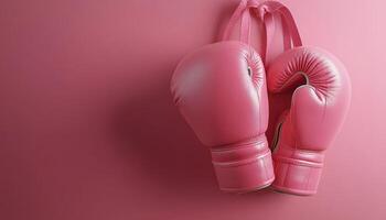 A vibrant pink boxing glove resting against a pastel pink wall in creative lighting photo