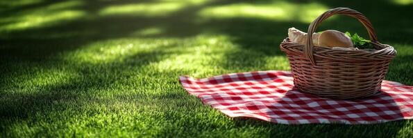 A woven basket rests on vibrant green grass with a red and white checkered cloth inside photo