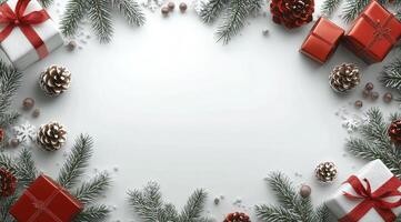Festive holiday arrangement with gifts and pinecones on a winter themed background photo