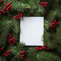 Blank sheet of paper surrounded by festive greenery and red berries for holiday greetings photo