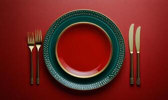 Elegant festive table setting with red plate and golden cutlery on a rich red background photo