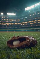 Nighttime baseball setting with a glove, cap, and ball on the lush green grass photo