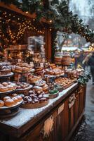 A cozy market stall adorned with holiday decorations offering a variety of baked goods at dusk photo