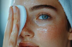 A young woman applies toner to her skin using a cotton pad in natural light at home photo