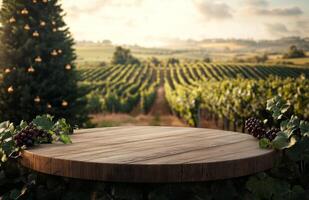 Beautiful wooden table adorned with pine cones overlooks a stunning vineyard landscape at sunset photo