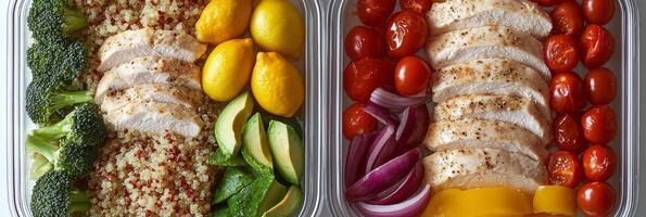 Healthy grilled chicken meal prep with quinoa, fresh vegetables, and vibrant garnishes photo