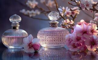 Elegant perfume bottles surrounded by cherry blossom flowers in soft evening light photo