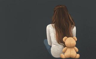 Young girl sitting quietly with a teddy bear in a dimly lit room during evening hours photo