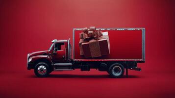 A red truck delivering a large gift box on a vibrant red background photo