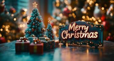 Festive decorations with Christmas trees and gifts create a joyful holiday atmosphere at night photo
