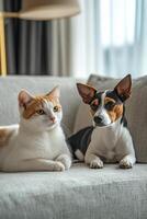 A cat and dog relaxing together on a cozy couch in a warmly lit living room photo
