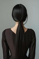 A person with long black hair in a ponytail poses in a dark dress against a plain background photo