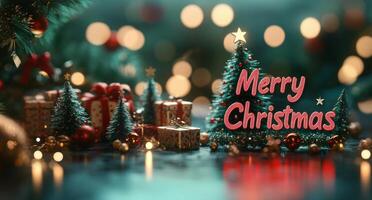 Festive decorations with Christmas trees and gifts create a joyful holiday atmosphere at night photo
