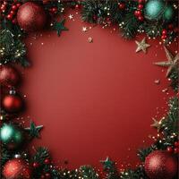 Decorative holiday wreath with colorful ornaments and festive accents on a red background photo