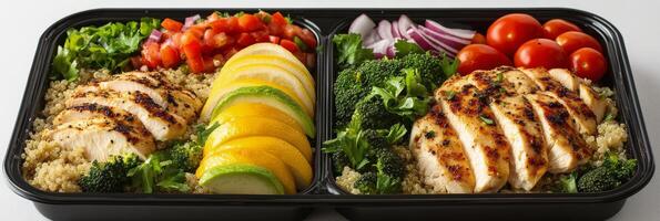 Healthy grilled chicken meal prep with quinoa, fresh vegetables, and vibrant garnishes photo