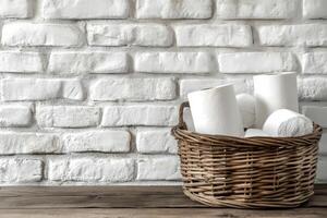 Soft white toilet paper rolls in a woven basket on a wooden table against a brick wall photo