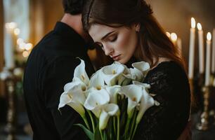 A couple embraces in a dimly lit room decorated with candles and fresh calla lilies photo