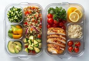 Healthy meal prep with grilled chicken, fresh vegetables, and quinoa in glass containers photo