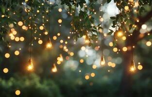 Enchanting greenery adorned with glowing lights in a serene forest setting at dusk photo