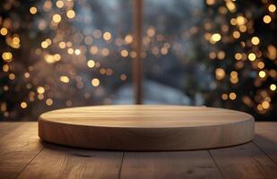 A cozy wooden table set against a festive backdrop of Christmas trees and twinkling lights photo