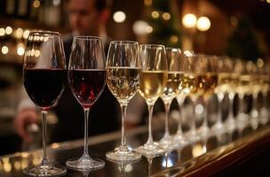 Bartender selecting fine wines in a stylish bar during an evening photo
