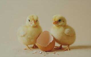 Newly hatched chicks exploring their surroundings beside an eggshell on soft fabric photo