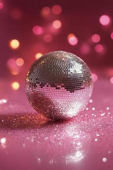 Shimmering disco ball on a vibrant pink background with sparkling lights in the background photo