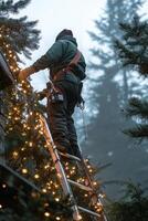 Man decorating a Christmas tree with lights on a ladder during winter twilight in a snowy landscape photo