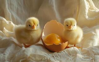 Two adorable newly hatched chicks sitting beside an eggshell in a cozy setting photo