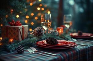 A beautifully decorated Christmas table with red plates, pinecones, and festive ambiance photo