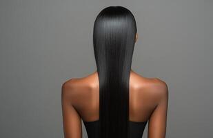 Long, sleek dark hair cascading down the back of a person against a neutral gray background photo
