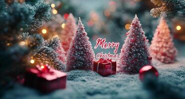 Festive Christmas decorations featuring miniature trees, gifts, and a greeting card in cozy ambiance photo