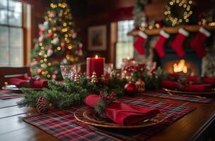 A cozy Christmas dining setup with a decorated tree, stockings and warm fireplace ambiance photo