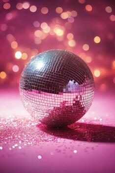 Shimmering disco ball on a vibrant pink background with sparkling lights in the background photo