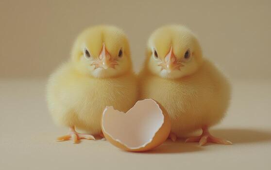 Newly hatched chicks exploring their surroundings beside an eggshell on soft fabric photo