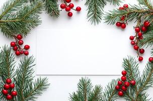 Festive arrangement of pine branches, berries, and pinecones with a blank card for holiday messages photo