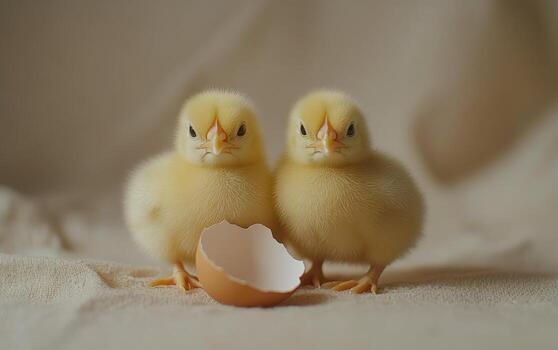 Newly hatched chicks exploring their surroundings beside an eggshell on soft fabric photo