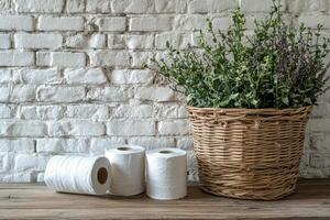 Soft white toilet paper rolls in a woven basket on a wooden table against a brick wall photo