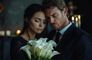 A grieving couple embracing while holding white lilies in a softly lit indoor space photo