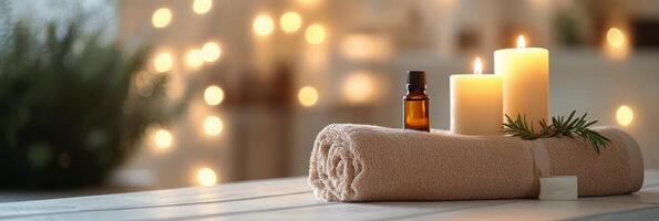 Relaxing spa setting with candles, essential oils, and fresh towels in a tranquil environment photo