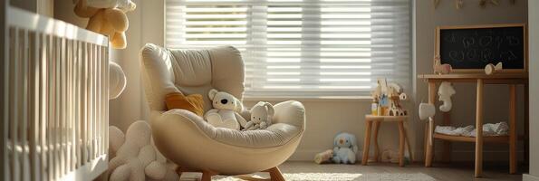 Cozy nursery corner with a rocking chair, toys, and soft sunlight in a warm, inviting space photo