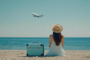 A traveler looks up at an airplane over a serene beach with a suitcase nearby on a sunny day photo