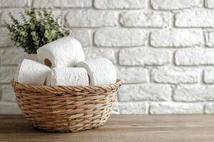 Decorative kitchen setting featuring rolls of paper towels in a woven basket with flowers photo