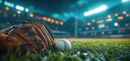 A baseball glove rests beside a ball on the grass at a dimly lit stadium during evening play photo