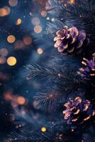 Festive holiday decor featuring purple pinecones and twinkling lights on a dark blue background photo